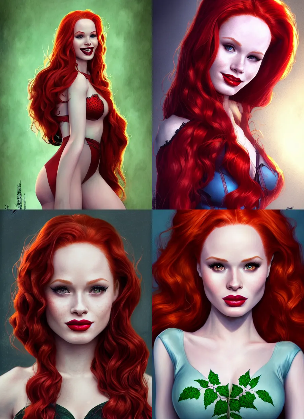 Prompt: beautiful Madelaine Petsch poison ivy DC comics, evil smile, realistic character concept, medium shot waist up, comic book, illustration, slender symmetrical face and body, artstation, cinematic lighting, hyperdetailed, cgsociety, 8k, high resolution, Charlie Bowater, Tom Bagshaw, single face, insanely detailed and intricate