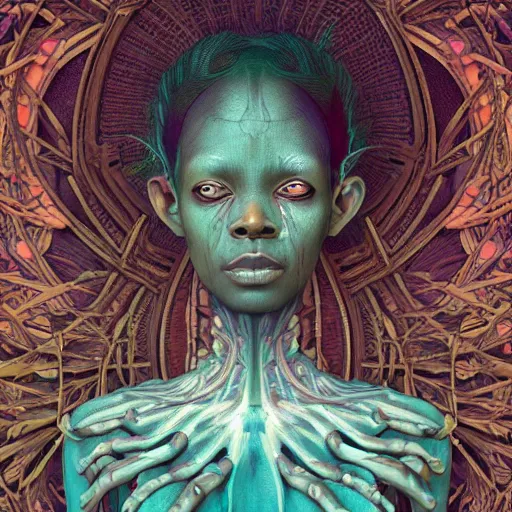 Prompt: symmetry!!, ( decaying corpse of an african moon goddess ), deep inside a ( temple overgrown with vegetation ), by casey weldon and chie yoshii and afarin sajedi, global illumination, radiant light, god rays, bokeh, digital illustration, cg society, unreal engine 5, ray tracing