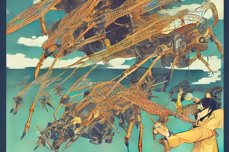 Image similar to gigantic dragonflies with human faces catch tiny robots, a lot of exotic mechas robots around, human heads everywhere, risograph by kawase hasui, dirtyrobot, edward hopper, satoshi kon and moebius, colorful flat surreal design, super - detailed, a lot of tiny details, fullshot