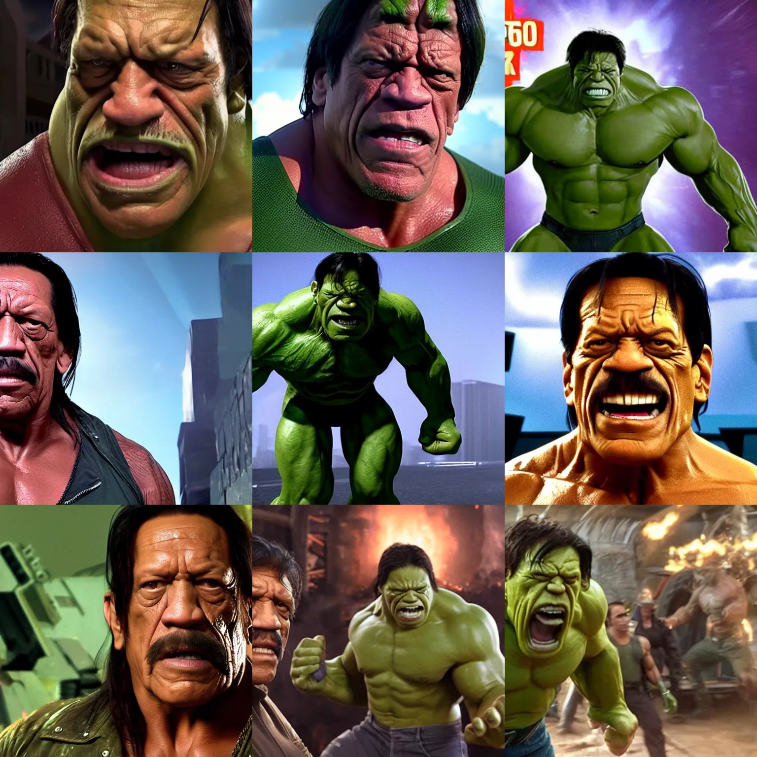 Prompt: a screenshot of danny trejo as the hulk in the avengers. 8 k. very detailed