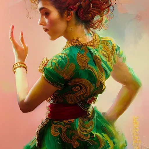 Image similar to an epic painting of a 1 9 years old girl figure, curly messy high bun hairstyle, oriental tattoos, subject wearing a gold and ruby high fashion gown, flowing, ornate, beautiful, muted tonal colors, with few vivid green highlights, by jeremy mann and greg rutkowski, artstation, oil on canvas