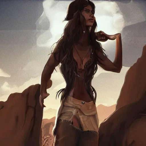 Prompt: tan woman, long dark hair, brown eyes, wild west setting, concept art, 8k, artstation, sharp composition