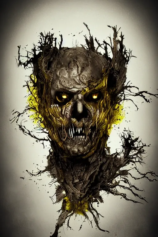 Image similar to portrait of the god of decay and rot, character design, scary, radiating with power, glowing yellow eyes, whirling death, disgusting, dripping, oily, decomposition, ghostly mist, scary, unreal engine, photorealistic