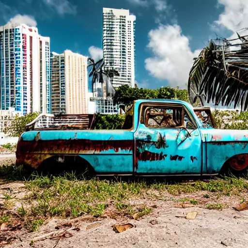 Image similar to low wide angle shot of dilapidated fallout 5 miami, tropical coastal city, desolate, dilapidated neon signs, few rusted retro futuristic vintage parked vehicles like cars, buses, trucks, trams, sunny weather, few clouds, volumetric lighting, photorealistic, daytime, spring, sharp focus, ultra detailed, 4 0 0 0 k