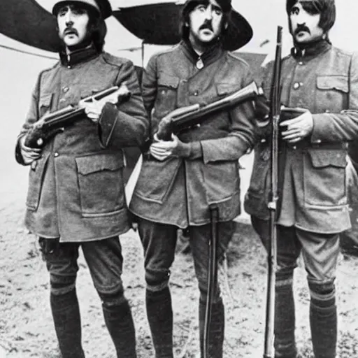 Image similar to old wartime photograph of the beatles carrying lewis guns, 1 9 1 7