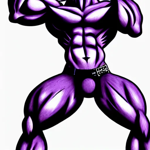 Prompt: anthropomorphic muscular purple wolf, generic furry style, wearing jeans, deviant art, professional furry drawing, insanely detailed, artistic design, hyper detailed wolf - like face, doing a pose from jojo's bizarre adventure, detailed veiny muscles, exaggerated features, beautiful shading, huge spikey teeth, grinning, detailed face
