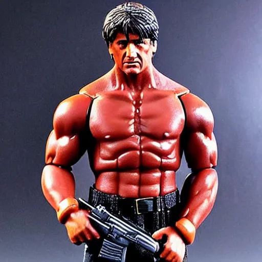 Image similar to 12 inch full body lifelike action figure of Stallone as Rambo. Big muscles. Holding a fully automatic rifle