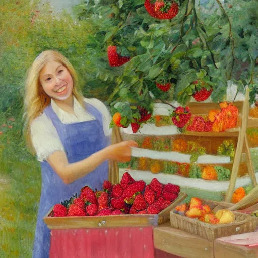 Image similar to Cute Blonde Girl with locks sells Strawberries in a fruit stand, oil on canvas, Impressionism