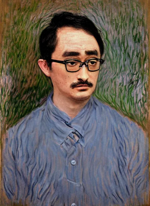 Image similar to Filthy Frank wearing blue dirty spaghetti stained dress shirt, rule of thirds, accurately portrayed, portrait art by Claude Monet, highly detailed, digital painting, concept art, illustration, imperial Japanese flag background, trending on artstation, very detailed, smooth, sharp focus, octane render, close up