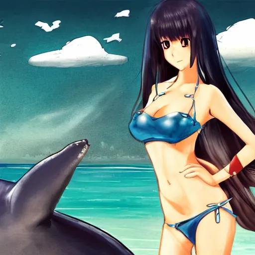 Image similar to a woman in a bikini top and skirt standing next to a whale, a character portrait by Jin Homura, featured on pixiv, mingei, booru, official art, pixiv