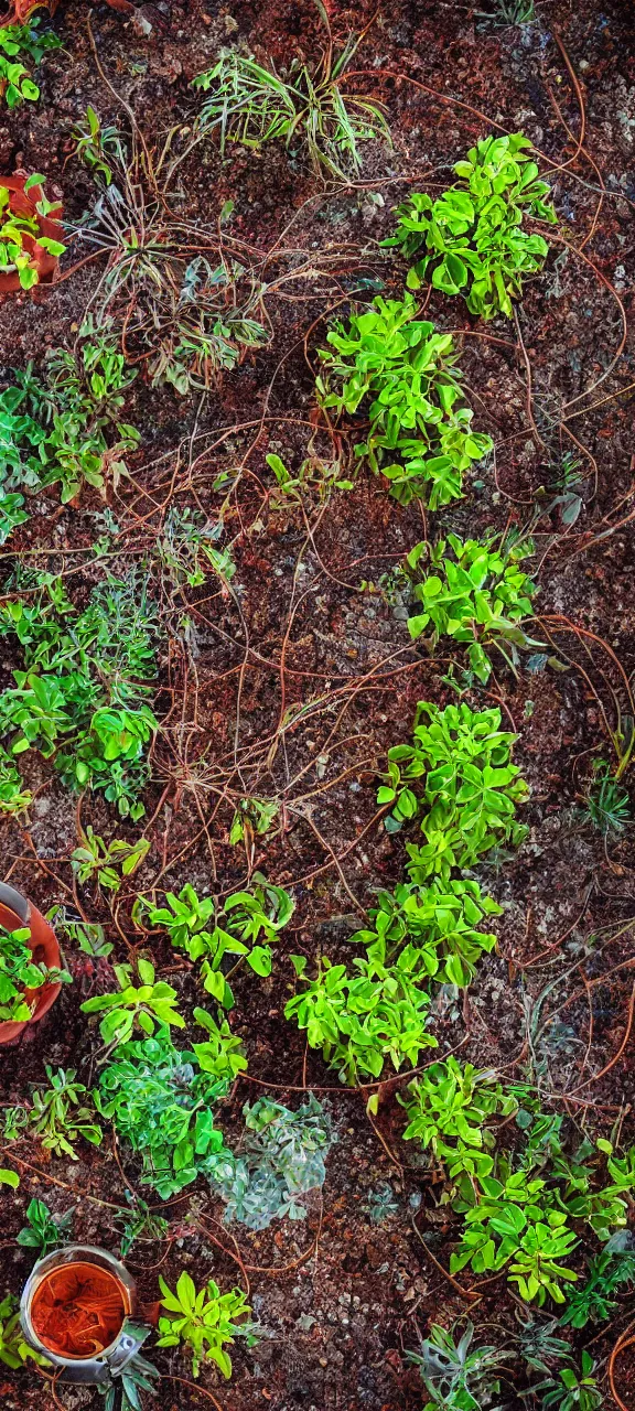 Image similar to award winning photo of technology rusty and filled with plants, stunning, 4 k, detailed, top - down, realistic