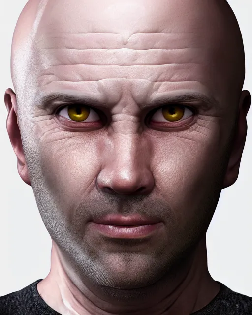 Prompt: portrait of a 4 0 - year - old bald man without nose, with a white complexion, cat - like scarlet eyes,, and a thin mouth, hyper realistic face, beautiful eyes, character art, art by mark brooks, hyperdetailed, cryengine, trending on artstation, digital art