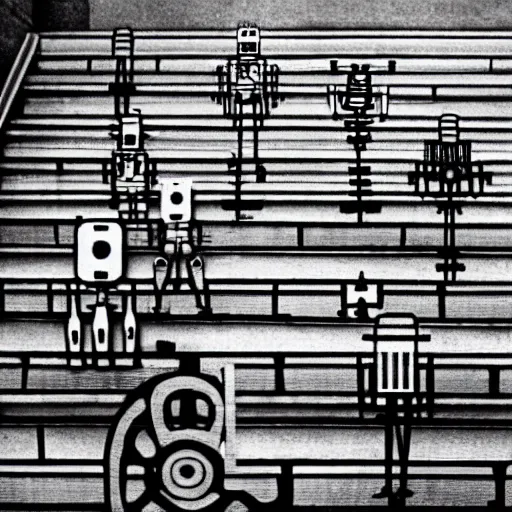 Prompt: robots marching on stairs by MC Escher