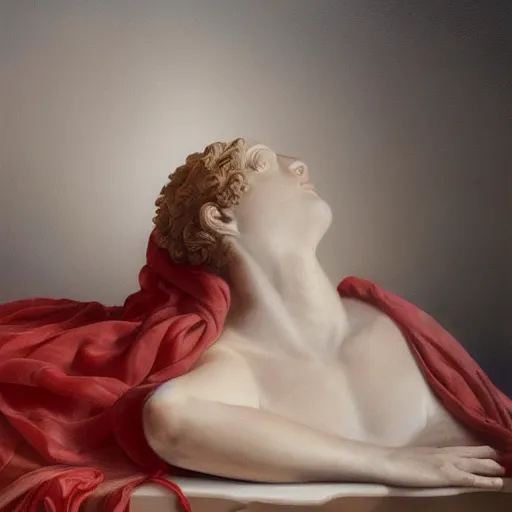 Image similar to A beautiful oil painting of a Ancient Greek Marble Sculpture of a Greek Scarlet Johannsen lying on a silk cloth, fog, volumetric lighting, summer, hyperrealistic, hyperdetailed.