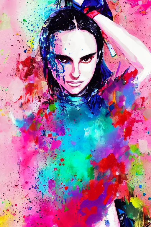 Prompt: maximalist splatter paint of natalie portman cosplaying as v, portrait, gapmoe yandere grimdark, trending on pixiv fanbox, painted by makoto shinkai takashi takeuchi studio ghibli, akihiko yoshida