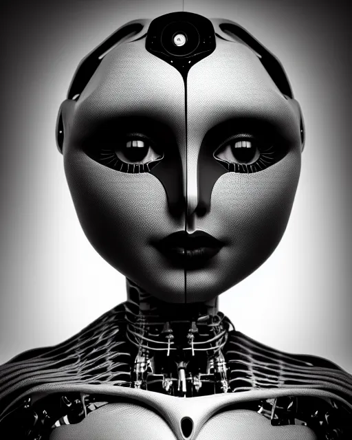 Image similar to surreal mythical dreamy dark artistic black and white fine art 3 / 4 portrait photo of a young delicate female robot with orchid - owl face, rim light, cinematic, studio dramatic light, poetic, octane render, 8 k, photo - realistic by hg giger