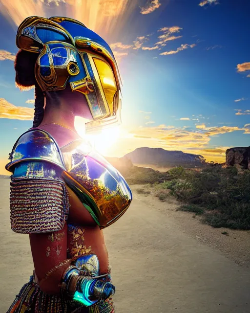 Image similar to centered medium shot fine studio photograph of a young woman wearing only a solarpunk mecha Mayan helmet with bright lights, ultra-realistic, white background, 8k HDR sunset lit, intricate