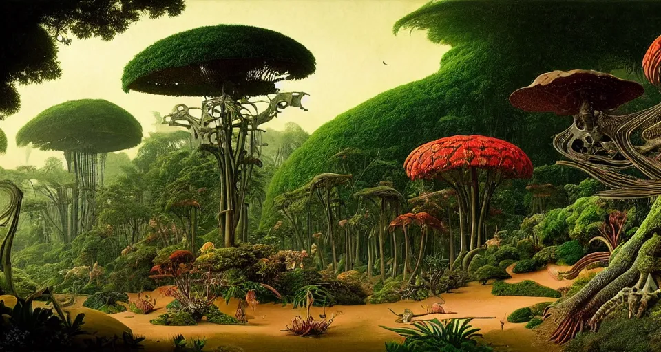 Image similar to huge woodlouse, bones of dead animals, a landscape on the moon with many craters, huge woodlouse, a beautiful flowering garden, a lot of exotic vegetations, trees, intricate detaild, pale colors, 8 k, in the style of martin johnson heade and roger dean