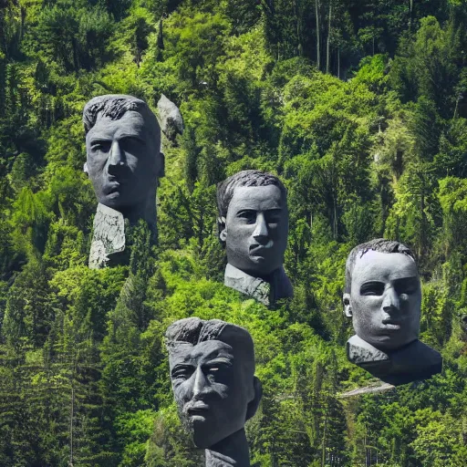 Prompt: a series of gigantic weird concrete head busts in the mountains, surrounded by vegetation, perspective shot from the sky, realistic, by origiful, 4 k
