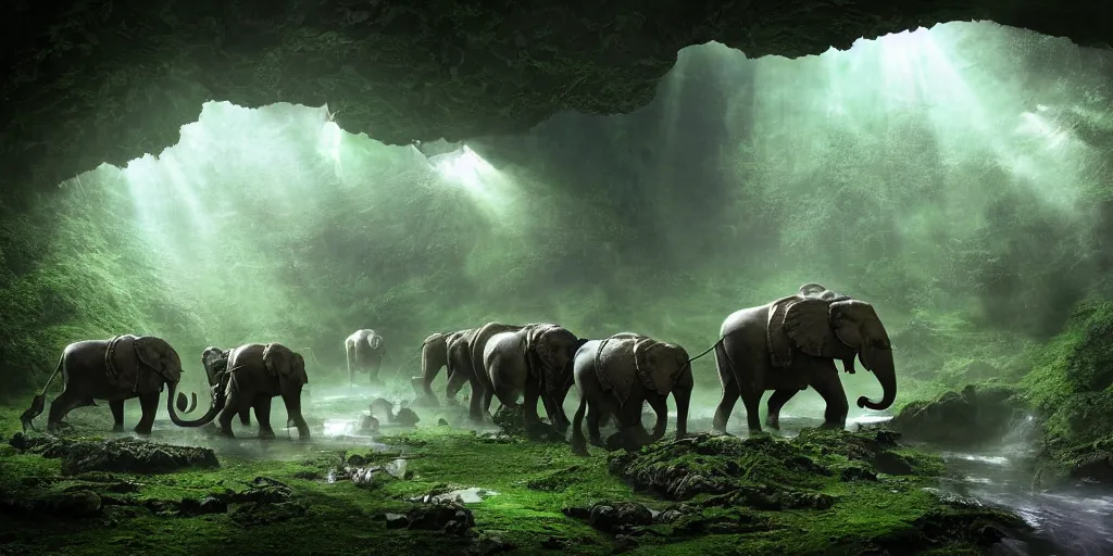 Prompt: herd of magnificent mechanical steampunk elephants looking eerily into a cave entrance with lush vegetation and mystical (((glowing algae))) in the dawn, light coming through from holes in the ceiling, waterfalls, desaturated, creepy ambiance, dangerous, sharp focus, highly detailed, artgerm