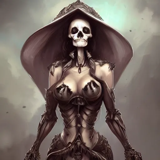 Prompt: beautiful female necromancer raising the dead, fantasy, highly detailed, digital painting, skeleton, trending on artstation, concept art, sharp focus, illustration, art by artgerm and nixeu, 2 d cg