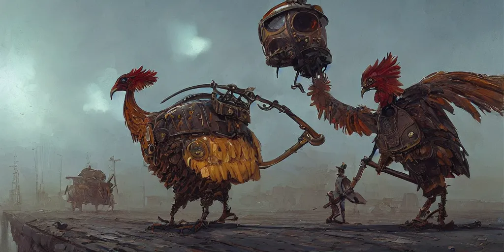 Prompt: a beautiful oil painting with brushstrokes, of an ominous steampunk chicken wearing full body armor and carrying a large scythe, by simon stalenhag, by pascal blanche, by james gurney and beeple. color scheme john berkey.