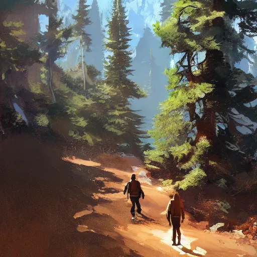 Image similar to Hiking in the pines. by Craig mullins, Steve Purcell, Ralph McQuarrie. Trending on artstation. Centered image, no background