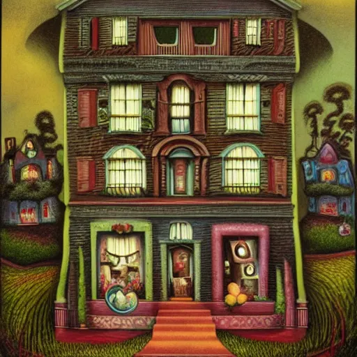 Prompt: a house with many rooms , lowbrow surrealistic, in the style of Mark Ryden,