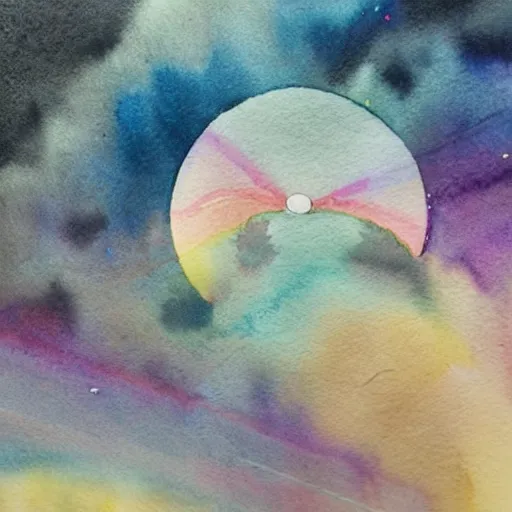 Image similar to high - angle view, close - up portrait, vague uap interstellar vehicle on top of an ephemeral rainbow in the sky, muted watercolor. minimalist, detailed, heavy under paint, muted colors. ue 5