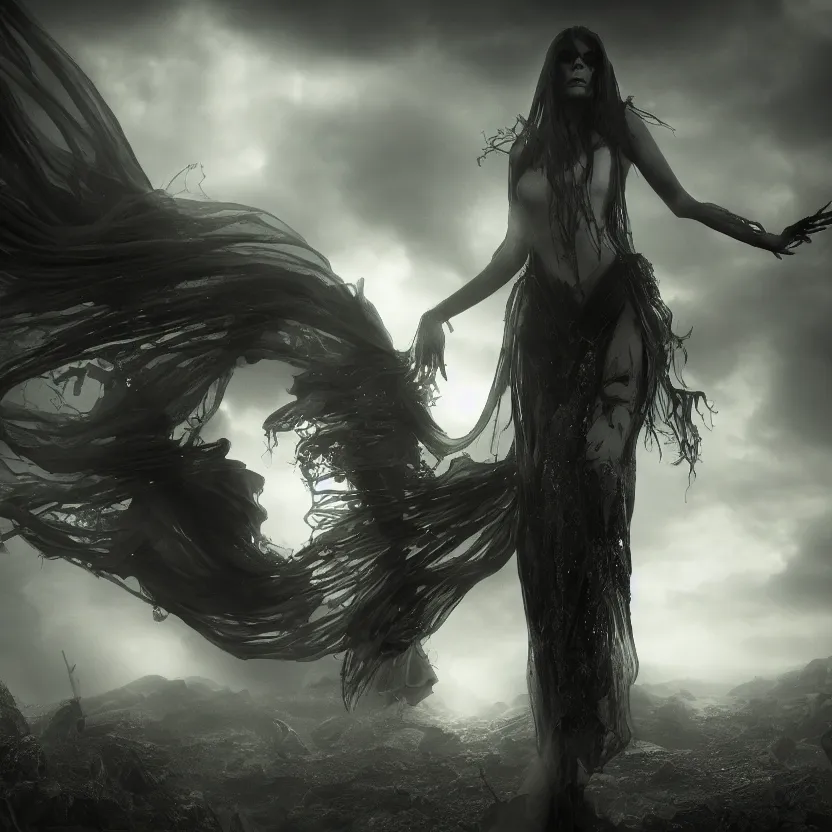 Image similar to stunning otherworldly Gothic goddess of beauty, dark and mysterious, atmospheric, ominous, eerie, cinematic, Epic, 8k, 4k, ultra detail, ultra realistic, rendered by awesomeness