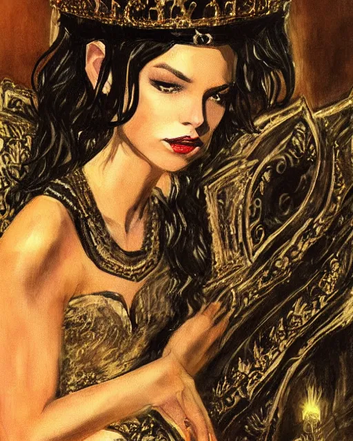 Image similar to an illustration of a queen with fair skin and dark stylises hair on a throne at night by tolkien, realistic, detailed, oil painting