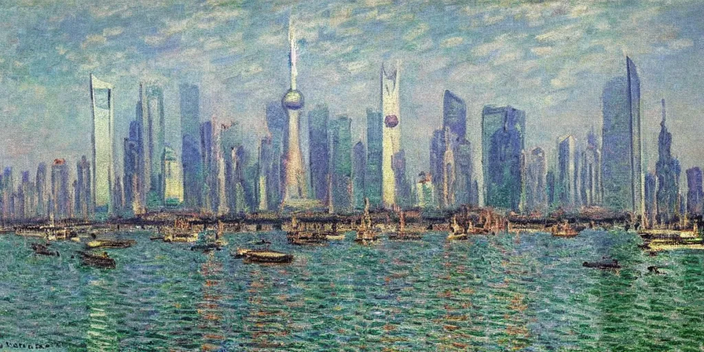 Image similar to an oil painting of Lujiazui, Shanghai, by Oscar-Claude Monet