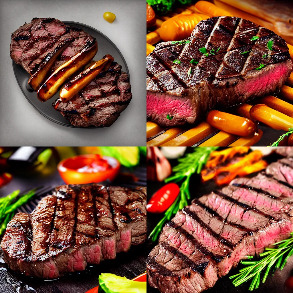 Prompt: yummy beef grill steak, food photograph, food styling, long shot, lens 85 mm, f 11, studio photograph, ultra detailed, octane render, 8k