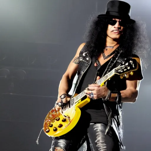 Prompt: slash plays gibson les paul guitar. scene. Guns N Roses.