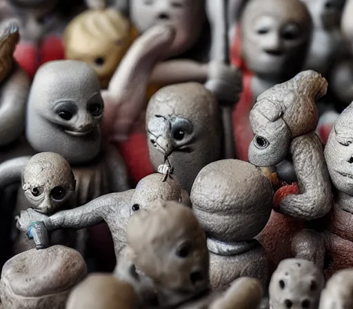 Prompt: miniature figurines of disturbing heironymus bosch monsters, close up, detail, tilt shift, product photography