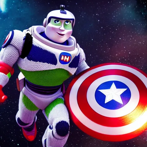 Prompt: a photorealistic photograph of a knitted Buzz Lightyear as Captain America flying through outer space featuring shield Trending on Artstation, featured on Behance, well-rendered, Unreal Engine, 4K HD