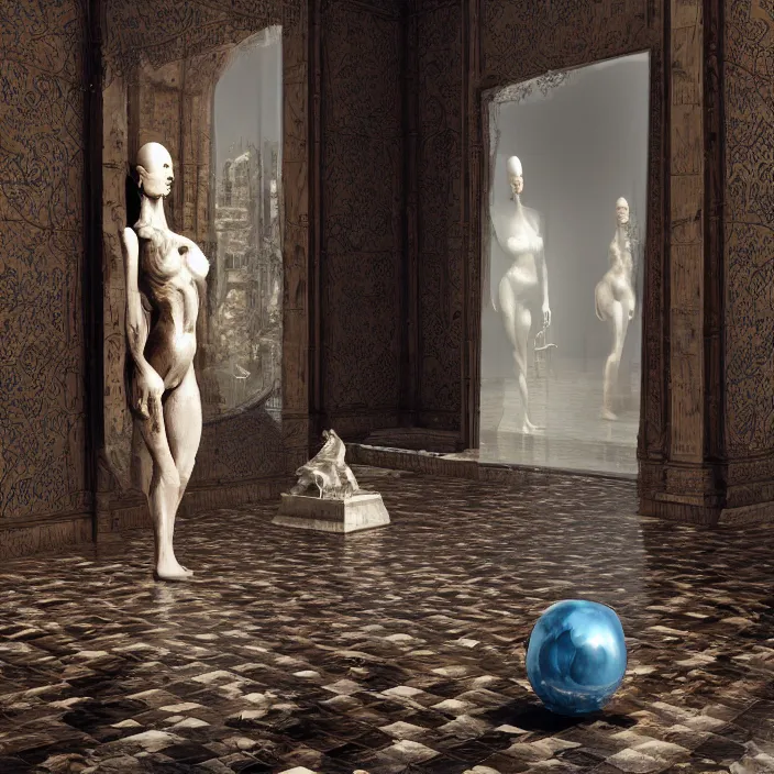 Prompt: hyperrealistic random objects in a surreal minimalistic dreamscape environment by salvador dali, enormous melting mannequin head statue, highly detailed, 3 d render, vray, octane, beautiful lighting, photorealistic, intricate, elegant, wayne barlowe, water, mirrors, doorway, beautiful, masterpiece, trending on artstation, artgerm, checkered floor