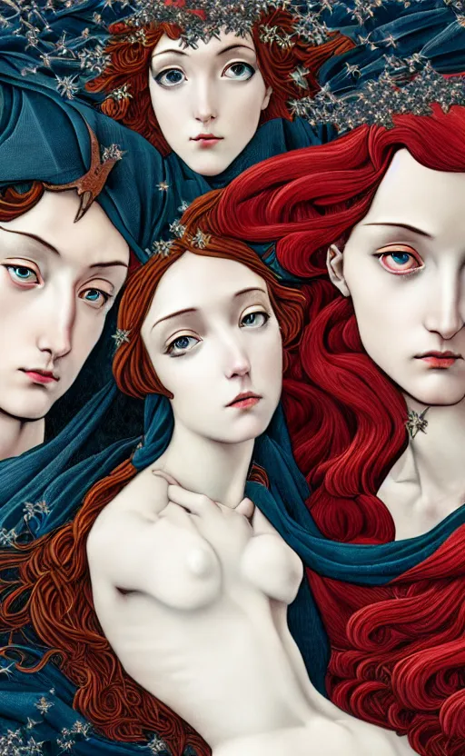 Prompt: 3 figures representing Winter, in a mixed style of Botticelli and Æon Flux, inspired by pre-raphaelite paintings and shoujo manga, symbolic, dramatic composition, hyper detailed, stunning inking lines, flat colors, 4K photorealistic