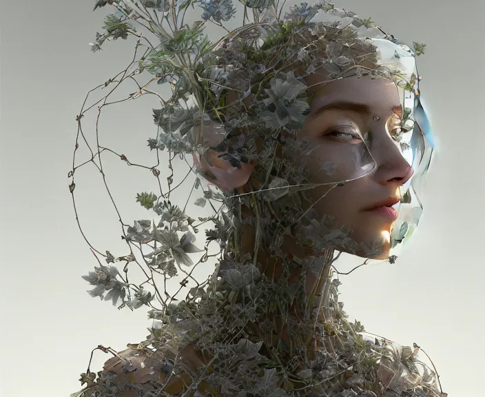 Image similar to simplicity, transparent clear see - through image of simple robot, botanical, floral environment, ultra realistic, concept art, product design, photorealistic, octane render, 8 k, unreal engine. art by gustave dore and nori inoguchi and sam kaplan and zachary goulko and christopher marley and artgerm and alphonse mucha