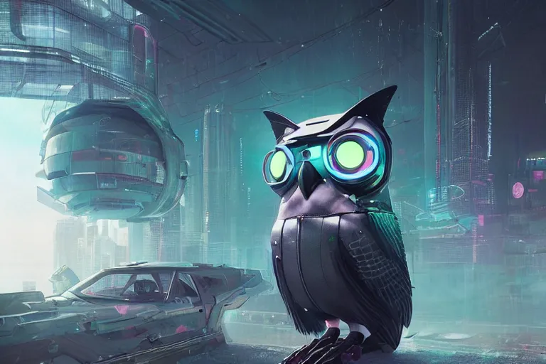 Image similar to futuristic owl, cyberpunk art by mike winkelmann, trending on cgsociety, retrofuturism, reimagined by industrial light and magic, darksynth, sci - fi