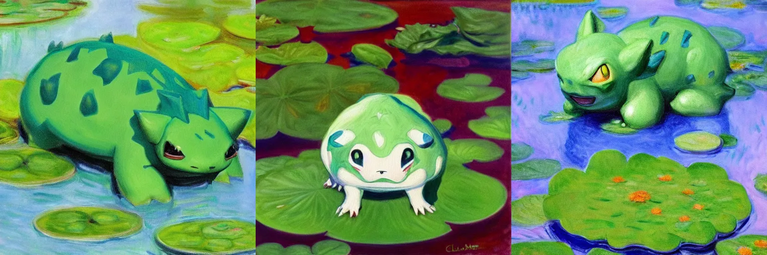 Prompt: bulbasaur from pokemon sitting on a lilypad in a beautiful lake, oil on canvas by claude monet