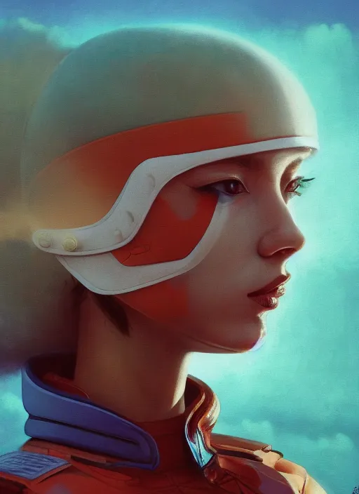 Image similar to symmetry!!! closeup portrait! of a samurai racer girl, fashion white jumpsuit, shoulder pads, in clouds, cinematic light, windy, teal orange, volumetric smoke, by gerald brom, by mikhail vrubel, by peter elson, muted colors, extreme detail, trending on artstation, 8 k