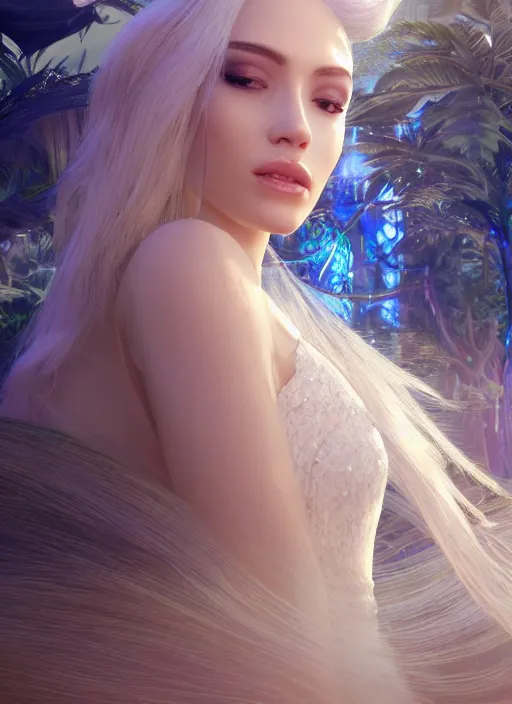 Prompt: beauteous sumptuous elegant woman in paradise garden, white pearlescent iridescent skin, with incredible iridescent pearlescent voluminous neon hair, crystalline masterpiece incrustations, hyperdetailed face, elegant pose, movie still, intricate, octane render, cinematic forest lighting, unreal engine, crepuscular rays, god rays