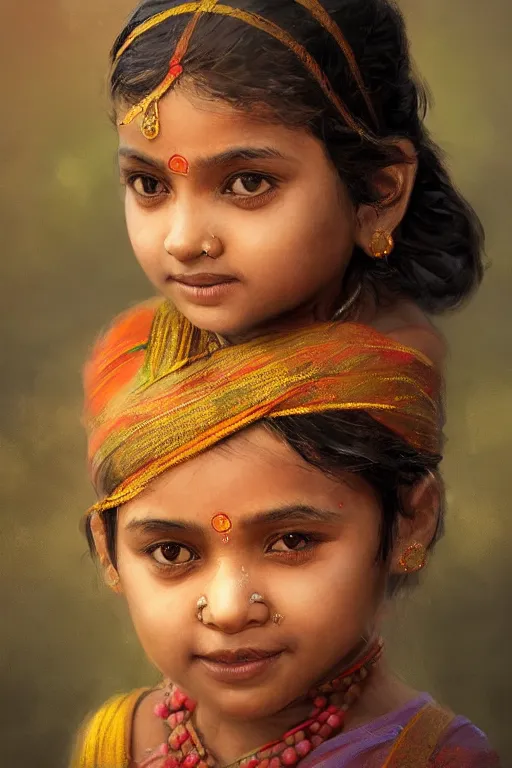 Image similar to hindu little girl, joyful, close - up portrait, intricate, elegant, volumetric lighting, scenery, digital painting, highly detailed, artstation, sharp focus, illustration, concept art, ruan jia, steve mccurry