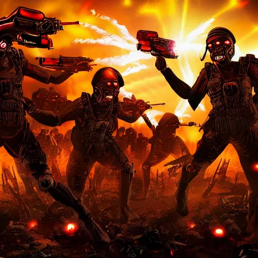 Image similar to science - fiction futuristic apocalyptic war scene with explosions, soldiers firing, iron maiden style