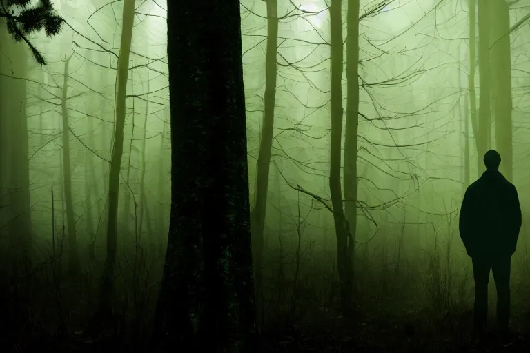 Prompt: a man in the woods with tendrils for limbs, atmospheric lighting, fog, backlight, silhouette, 4 k, haunted