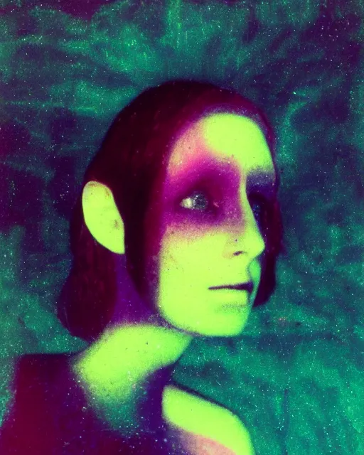 Prompt: cut and paste, serene robotic woman's face, red hair, dark makeup, violet and yellow and green and blue lighting, polaroid photo, 1 9 8 0 s, atmospheric, whimsical and psychedelic, grainy, expired film, super glitched, corrupted file, ghostly, bioluminescent glow, sci - fi, twisty