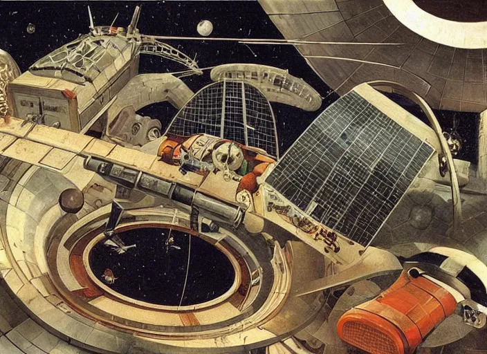 Image similar to an intricately detailed space station colony Hieronymus Bosch and Syd Mead