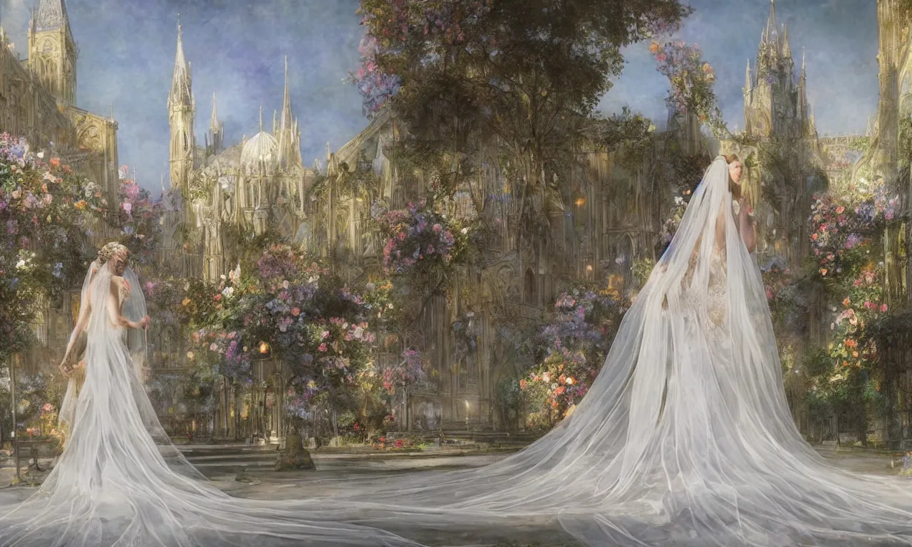 Prompt: a full body shot of a bride viewed from behind in a long dress of pure light, in front of a pristine art nouveau cathedral on a wedding day, a sunlit plaza covered in pastel flowers with flying petals and fireflies, rule of thirds, german romanticism, rembrandt style, elegant, volumetric lighting, highly detailed, artstation, concept art, matte, sharp focus, art by Tom Bagshaw, Alfons Mucha and Greg Rutkowski