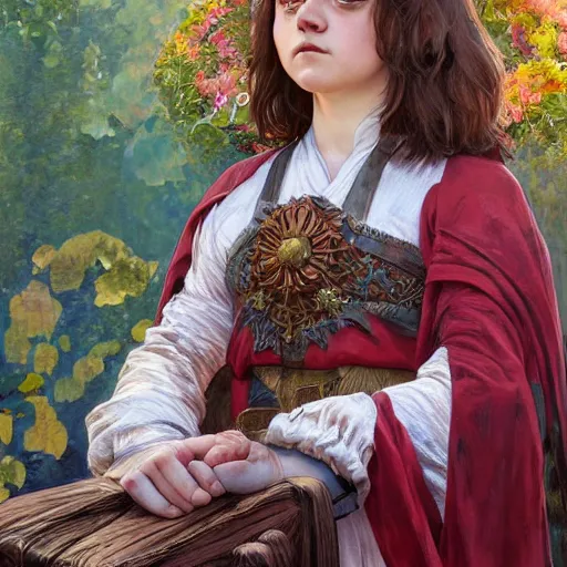 Prompt: maisie williams as beautiful natural coy cottagecore goddess maiden, master life drawing, intricate, elegant, highly detailed, digital painting, artstation, concept art, smooth, sharp focus, illustration, art alphonse mucha and james gurney and marc simonetti and wlop